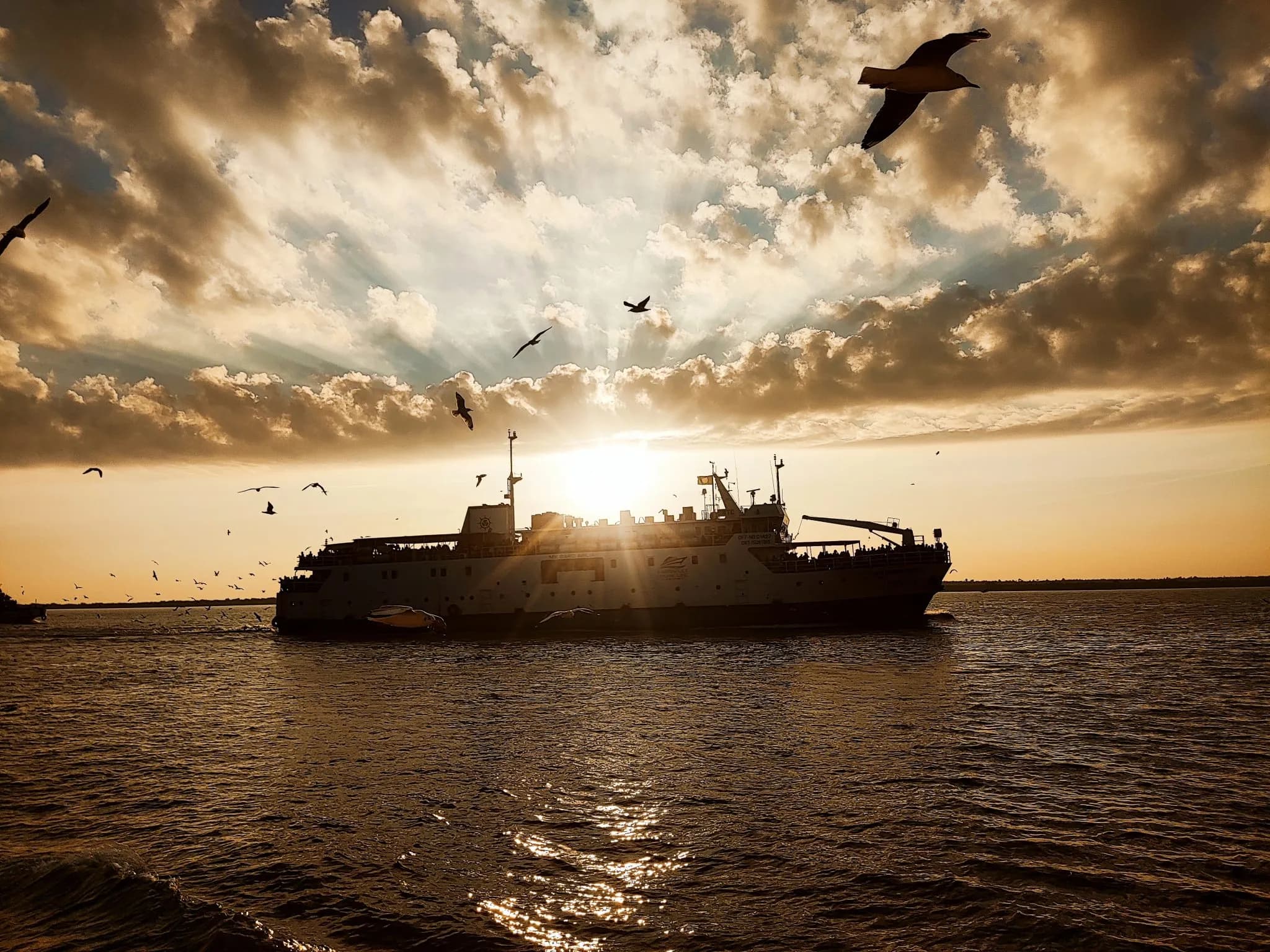 A cruise liner in the ocean during sunset.